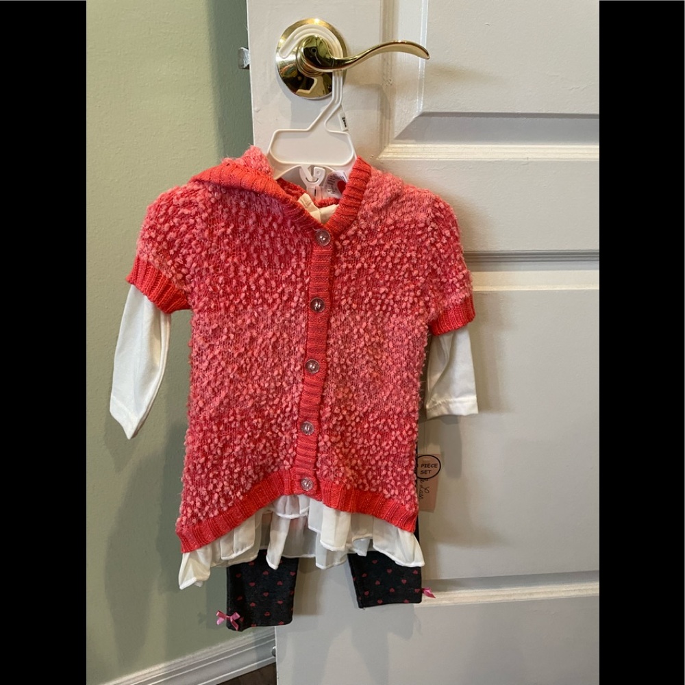 Brand new -Pink sweater with hood/ cream long sleeve shirt/ grey leggings
